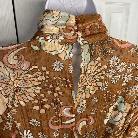 Ryegrass Large High Neck Long Sleeve Fit Flare Dress Mod Retro Rust Brown Floral - Picture 6 of 13